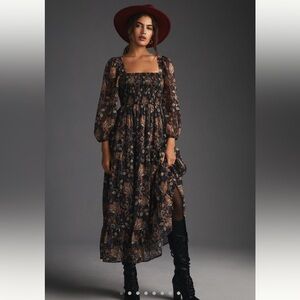 Anthropologie Let Me Be Square-Neck Smocked Maxi Dress